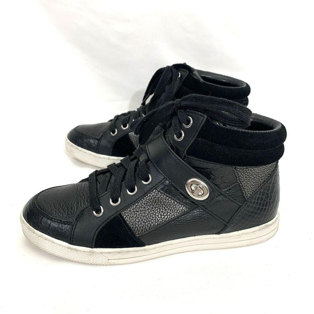 COACH Patchwork Leather Sneakers Spor Hi-Top Black Shoes 7B 37